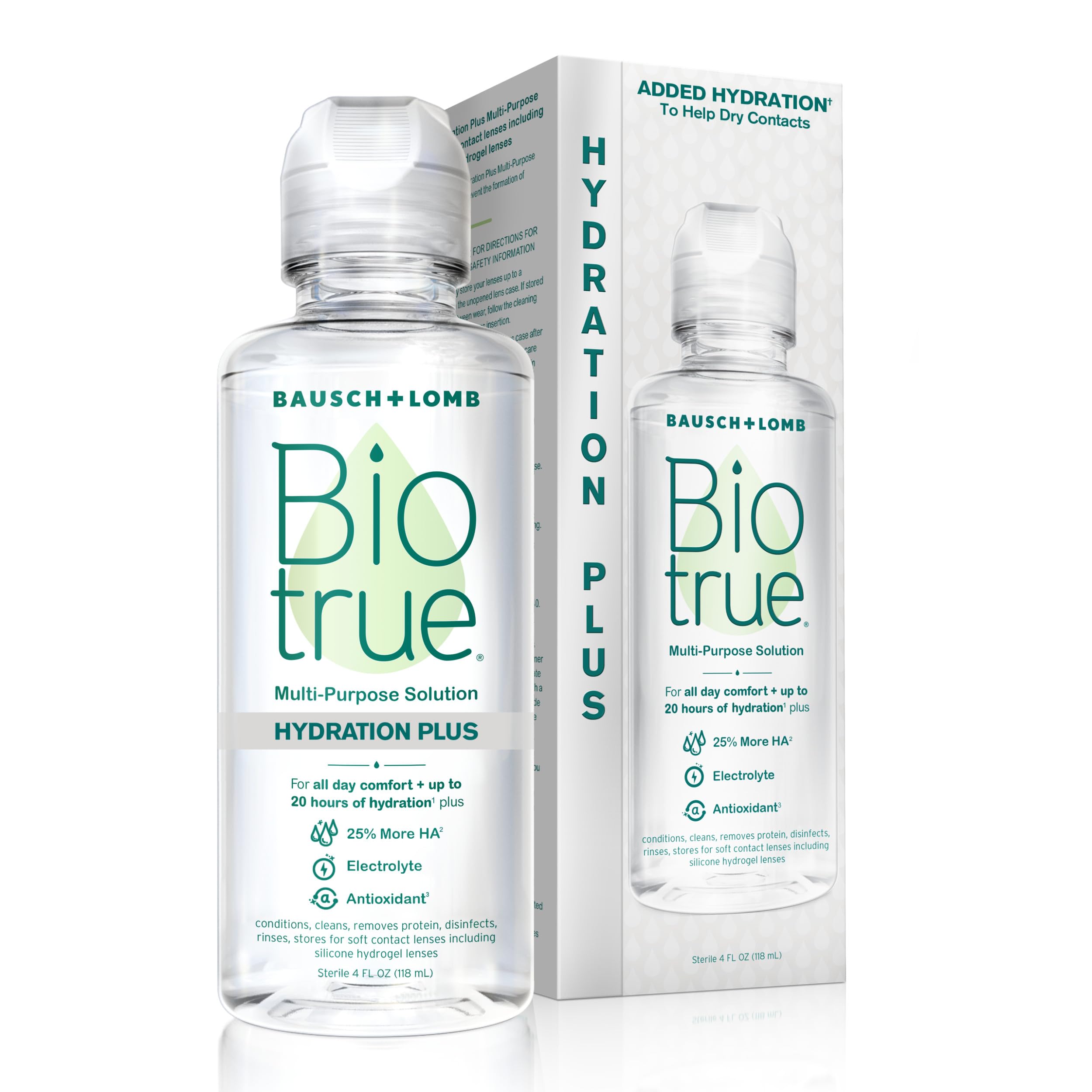 Biotrue Hydration Plus bottle front shows a moisture-rich lens care solution for soft lenses.