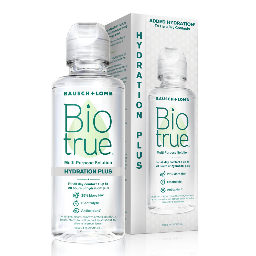 Biotrue Hydration Plus bottle front shows a moisture-rich lens care solution for soft lenses.
