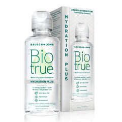 Biotrue Hydration Plus bottle front shows a moisture-rich lens care solution for soft lenses.