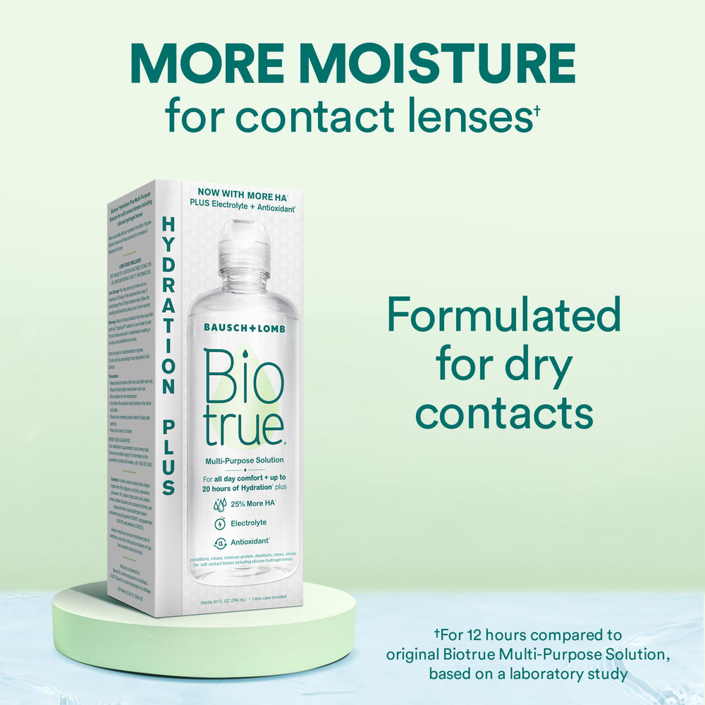 Biotrue Hydration Plus bottle pour illustrates extended moisture potential for all-day wear.