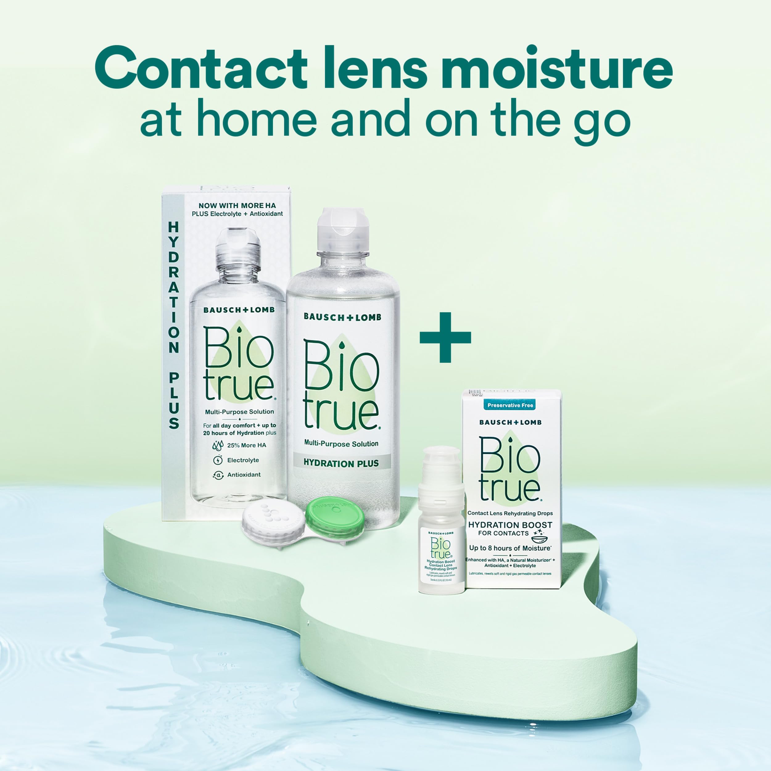 Biotrue Hydration Plus graphic shows multi-purpose storage, cleaning, and disinfection.