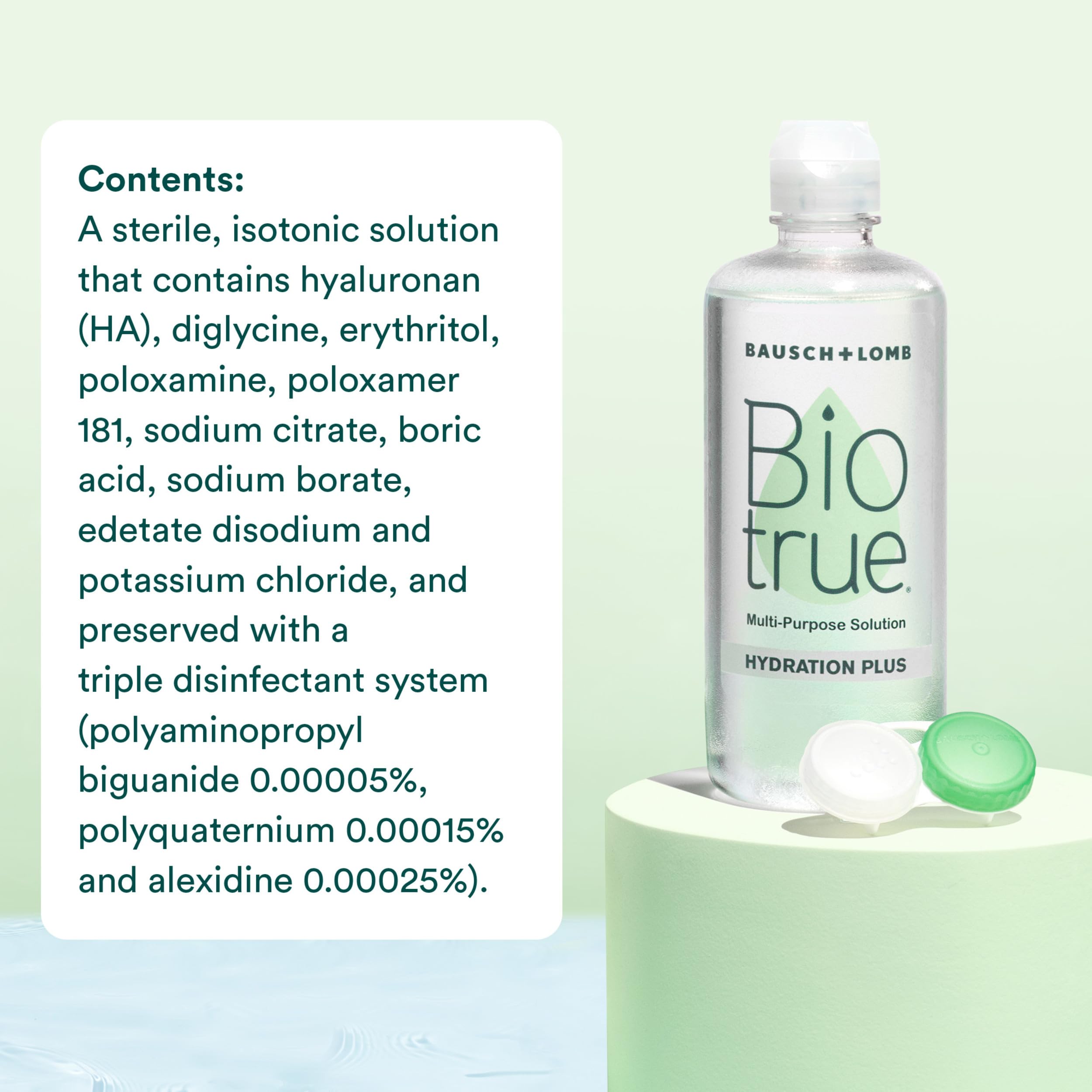 Biotrue Hydration Plus on-lens care image emphasizes soft lens care and hydration.
