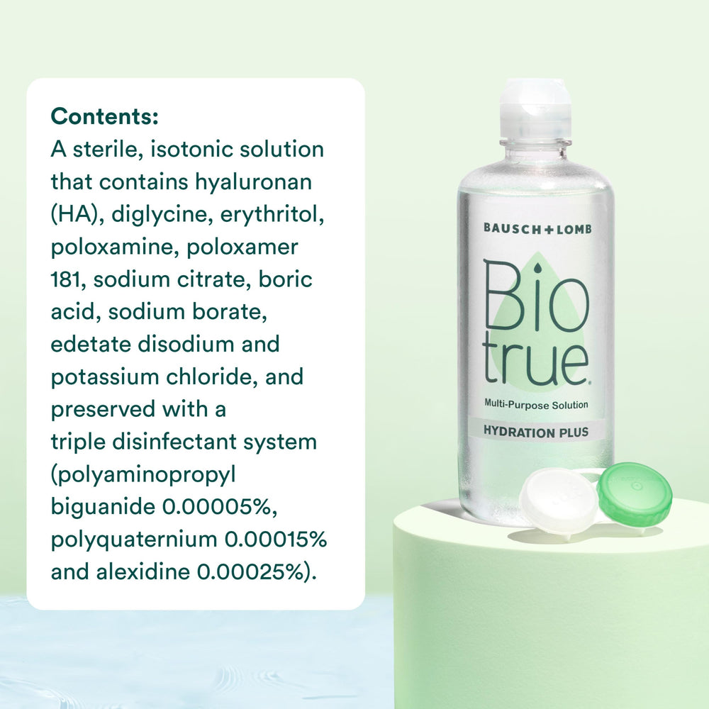 Biotrue Hydration Plus on-lens care image emphasizes soft lens care and hydration.