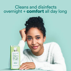 Biotrue label closeup highlighting trusted formula for lens care.
