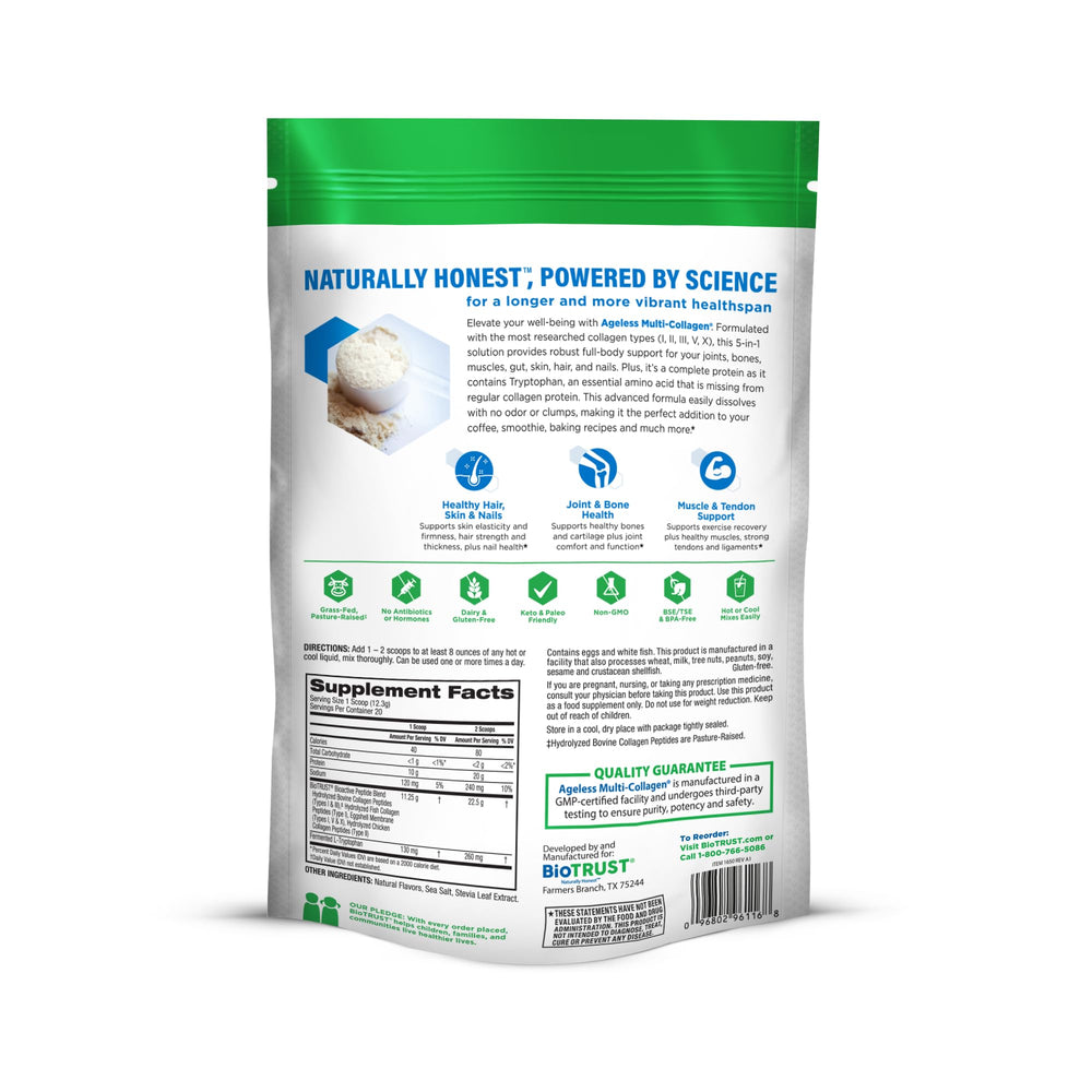 BioTrust Ageless Multi Collagen unflavored sachet is travel-friendly for on-the-go use
