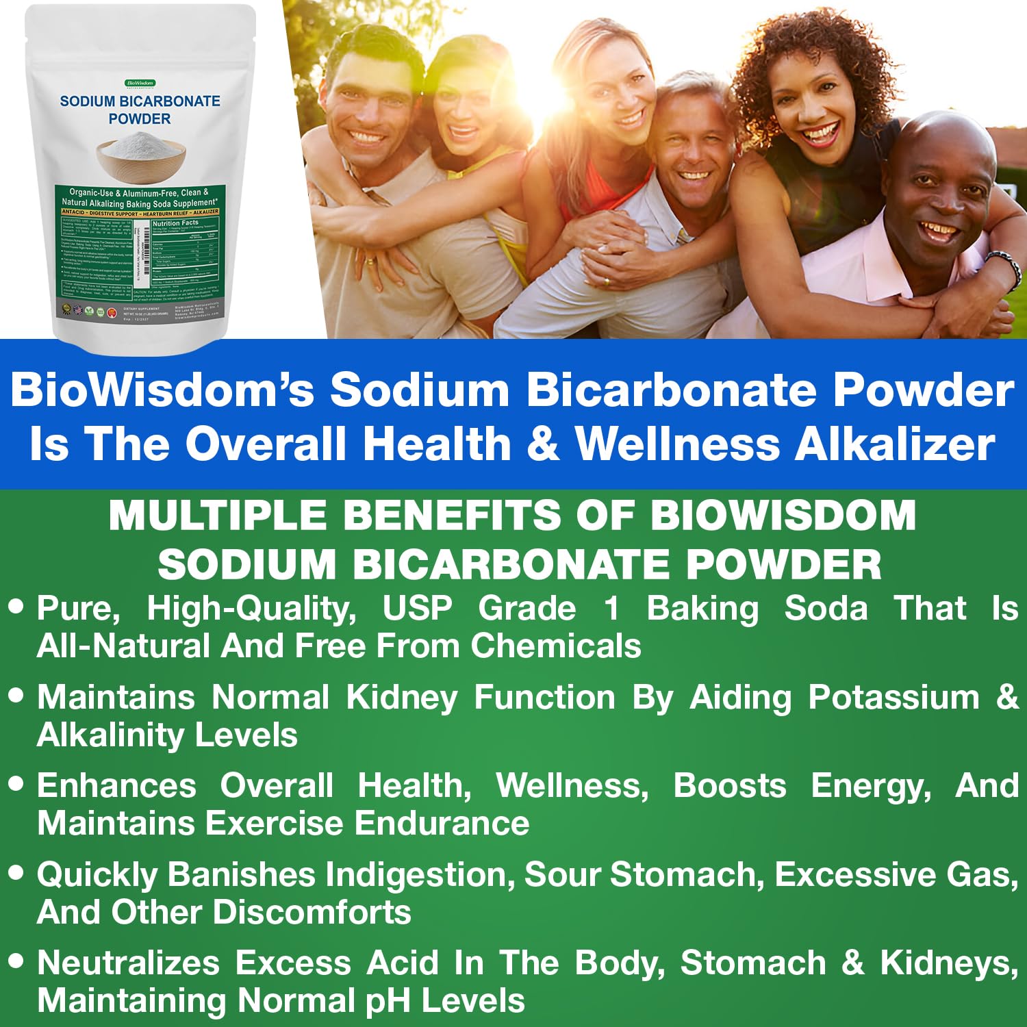 BioWisdom 1lb resealable bag keeps baking soda fresh for daily kitchen use.