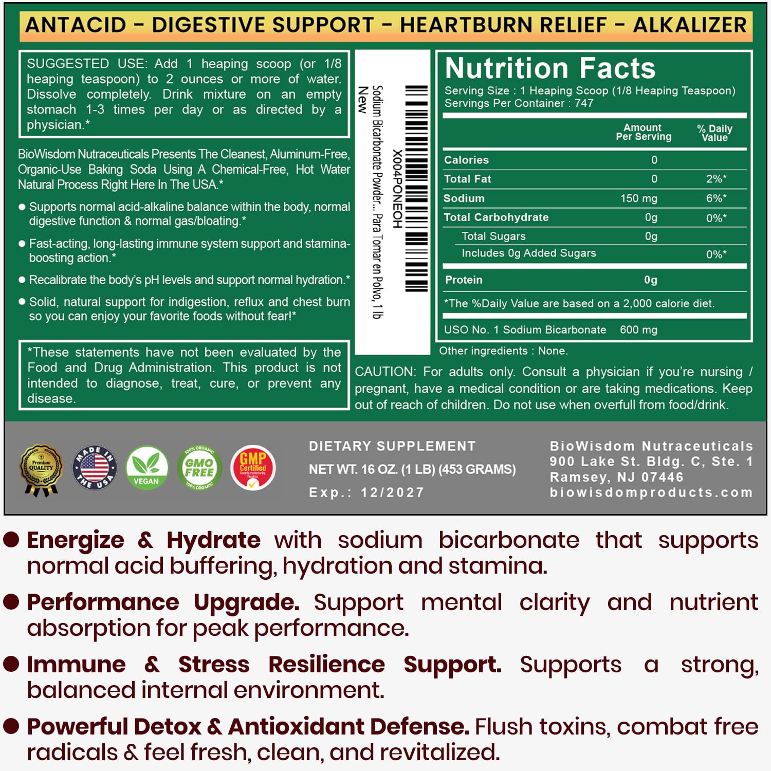 BioWisdom Organic Sodium Bicarbonate Powder image highlights organic use for clean-label baking.