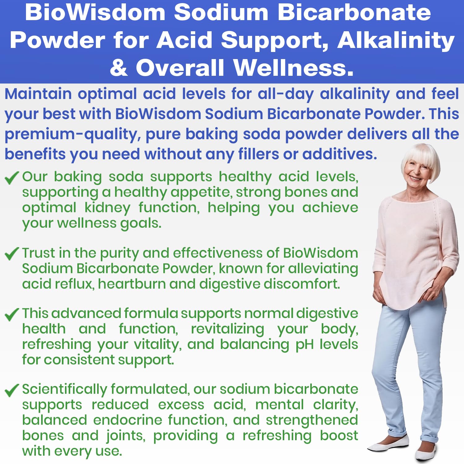 BioWisdom Pure Baking Soda Powder dissolves easily in drinks and recipes for neutral flavor.