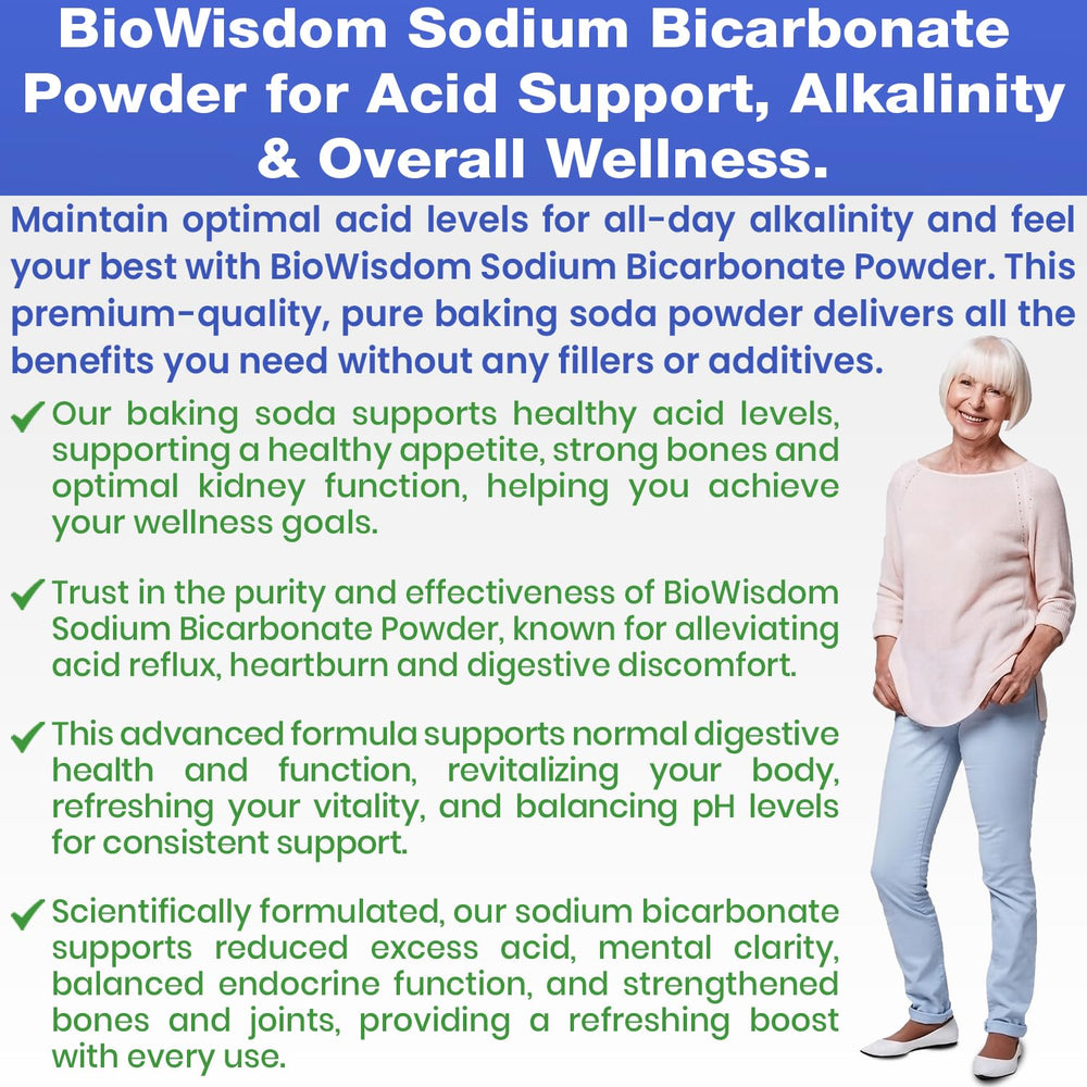 BioWisdom Pure Baking Soda Powder dissolves easily in drinks and recipes for neutral flavor.