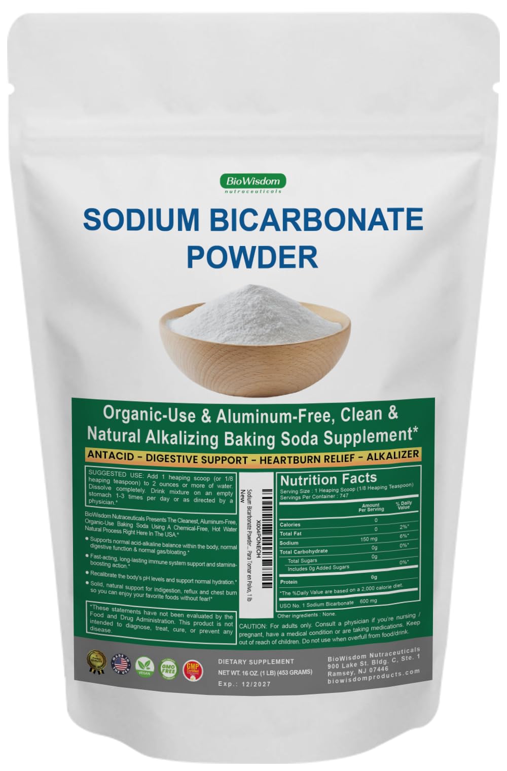 BioWisdom Sodium Bicarbonate Powder bottle shows pure, aluminum-free baking soda for cooking and balance.