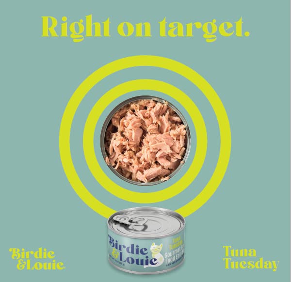 Birdie & Louie Seafood Sunday can, tuna and shrimp flavor variety