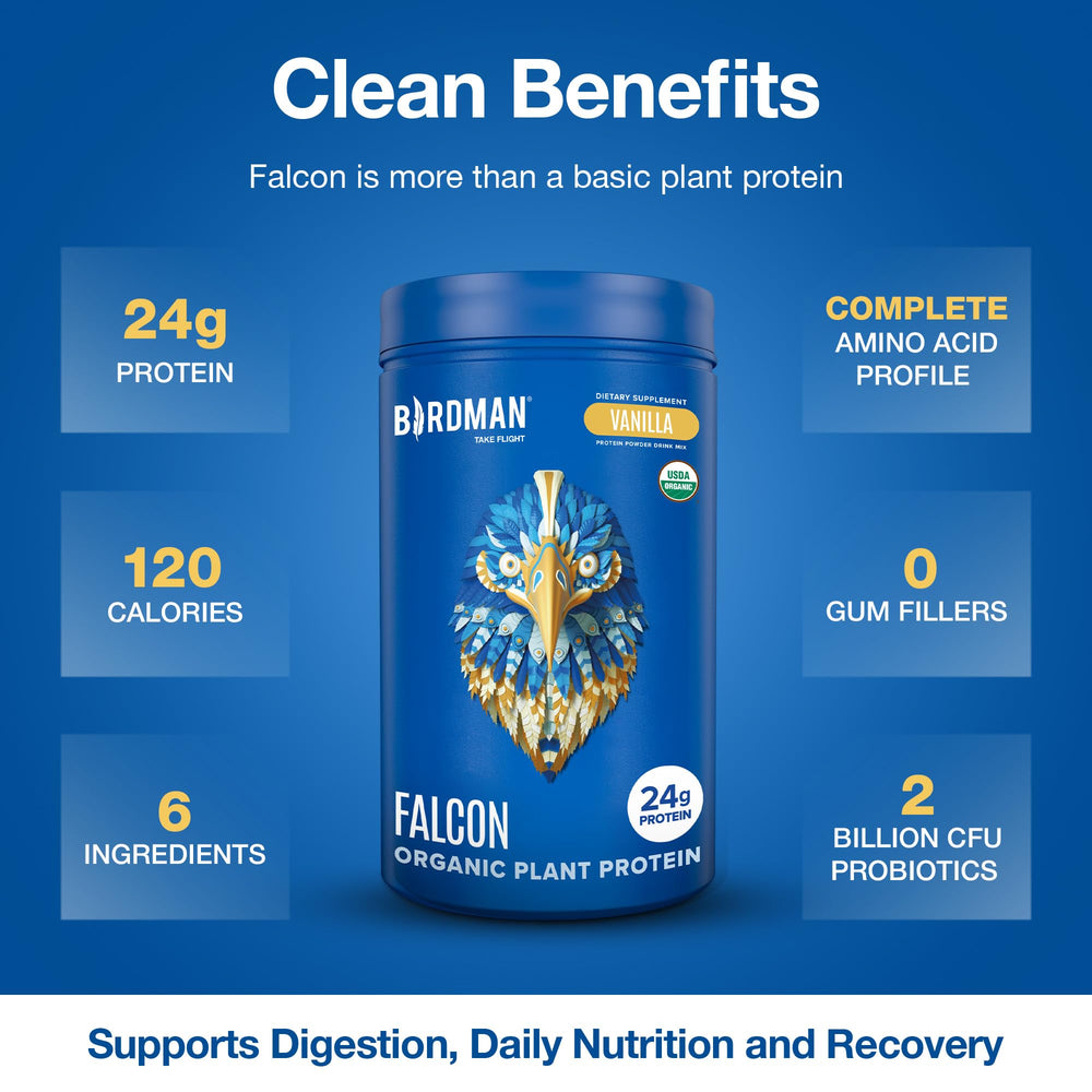 Birdman Falcon dairy-free protein mixing smoothly in a glass.