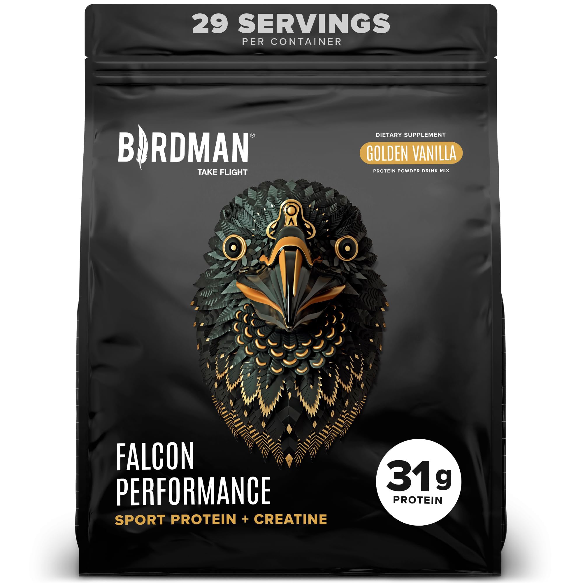 BIRDMAN Falcon Performance vanilla protein powder tub for post-workout muscle support.