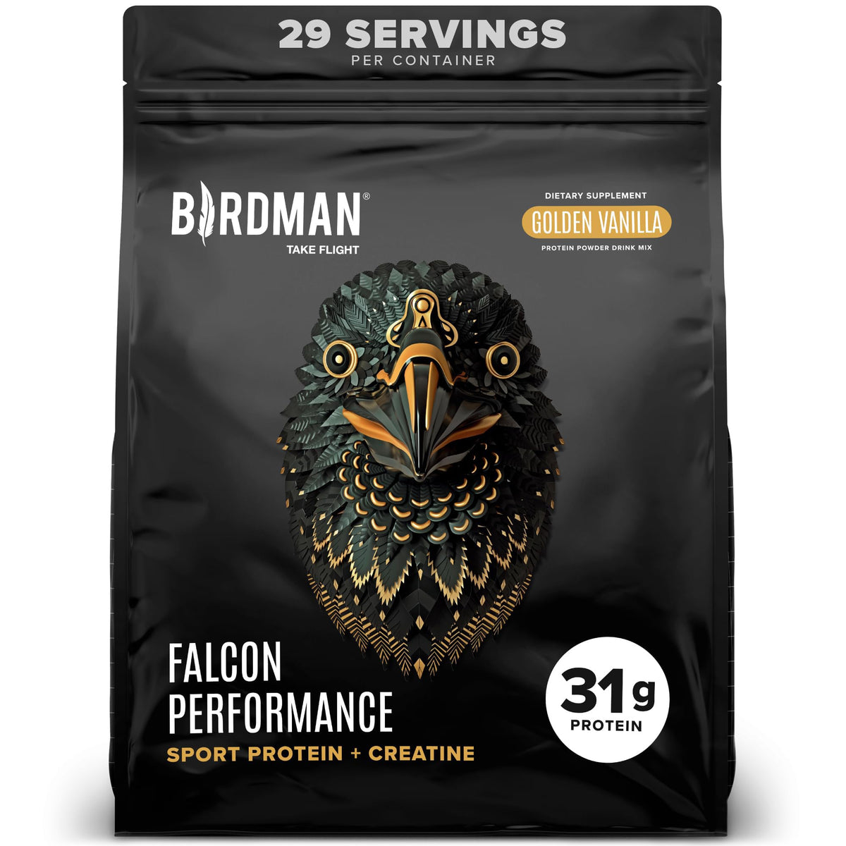 BIRDMAN Falcon Performance vanilla protein powder tub for post-workout muscle support.