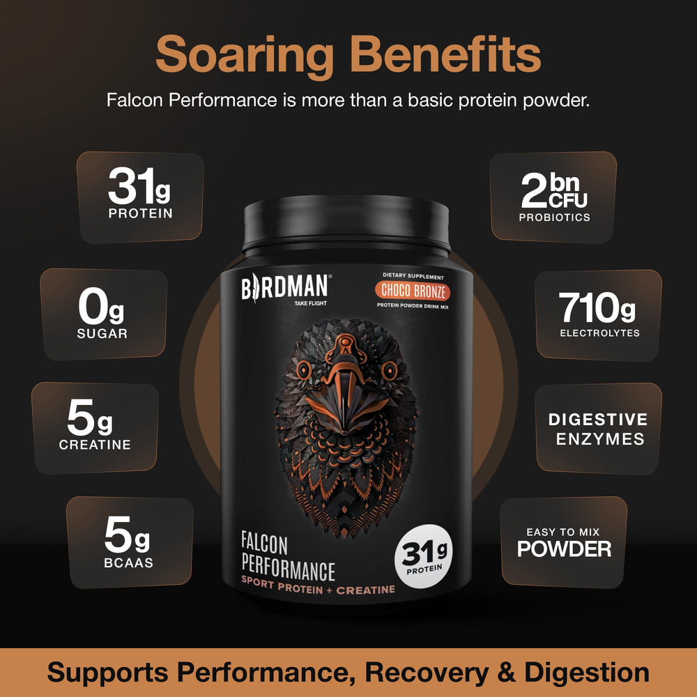 Birdman Falcon Performance powder beside glass demonstrates smooth chocolate mixability.