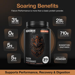 Birdman Falcon Performance powder beside glass demonstrates smooth chocolate mixability.