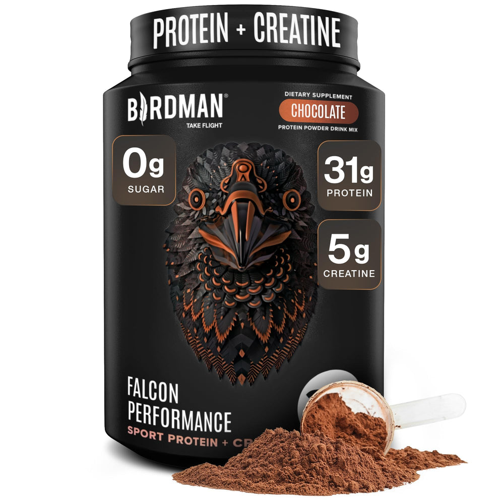 Birdman Falcon Performance protein tub front label highlights vegan chocolate formula for post-workout recovery.