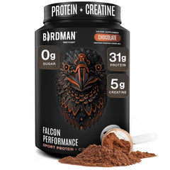 Birdman Falcon Performance protein tub front label highlights vegan chocolate formula for post-workout recovery.