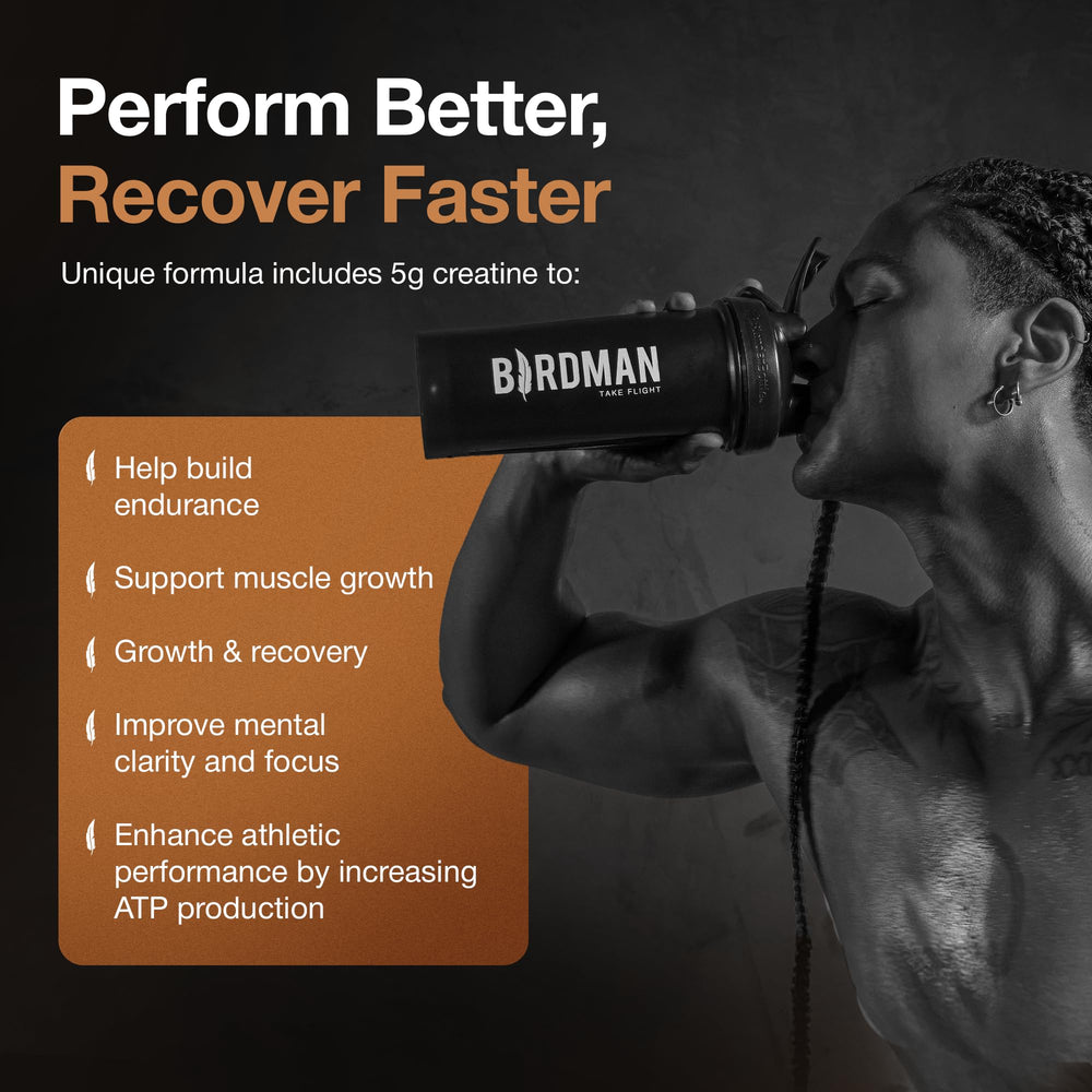 Birdman packaging icons show dairy-free and sugar-free formula for clean nutrition.