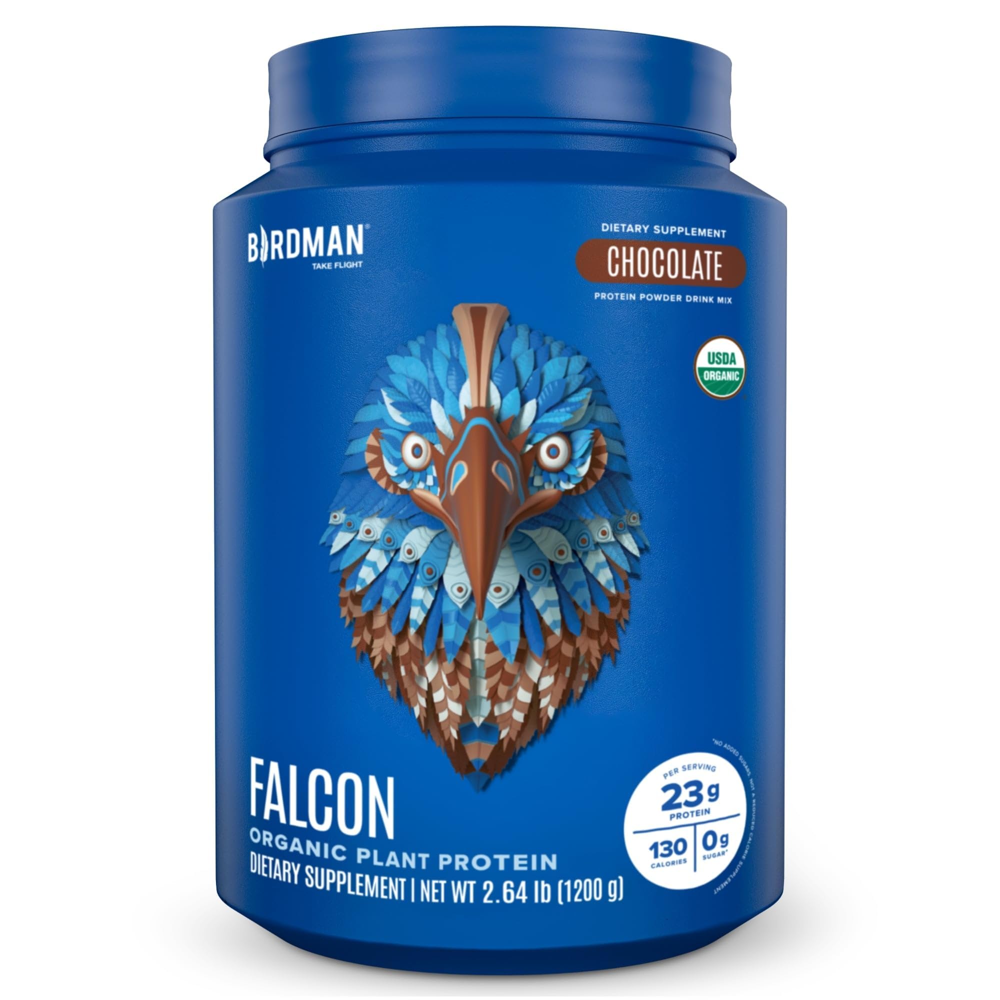 BIRDMAN Falcon chocolate protein powder bag highlighting organic ingredients and clean nutrition.