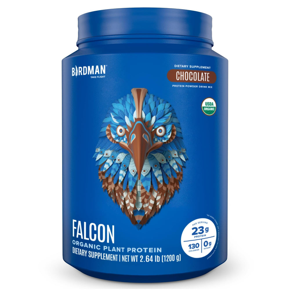 BIRDMAN Falcon chocolate protein powder bag highlighting organic ingredients and clean nutrition.