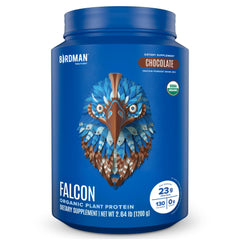 BIRDMAN Falcon chocolate protein powder bag highlighting organic ingredients and clean nutrition.