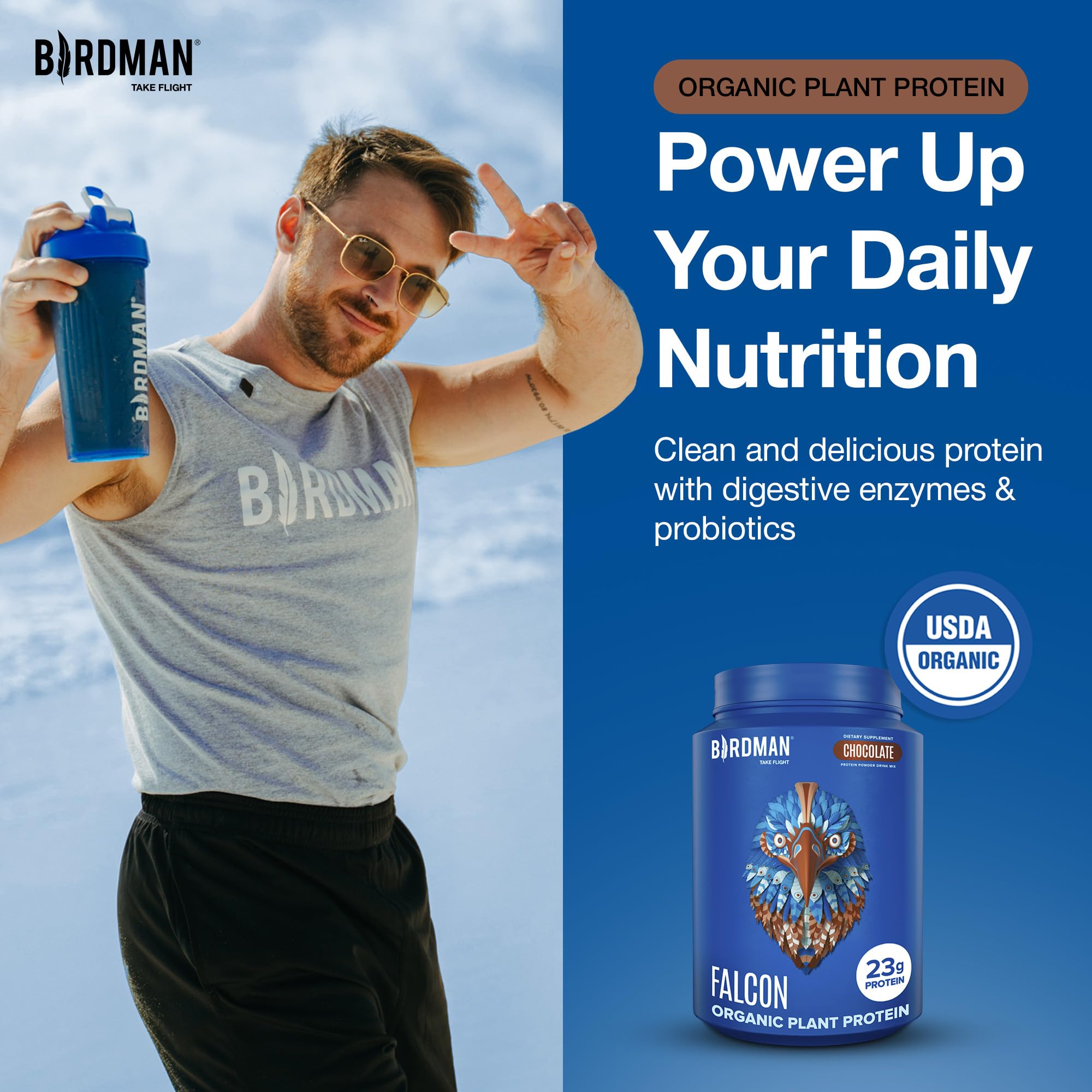 BIRDMAN Falcon protein powder scoop in glass demonstrating easy mixing.