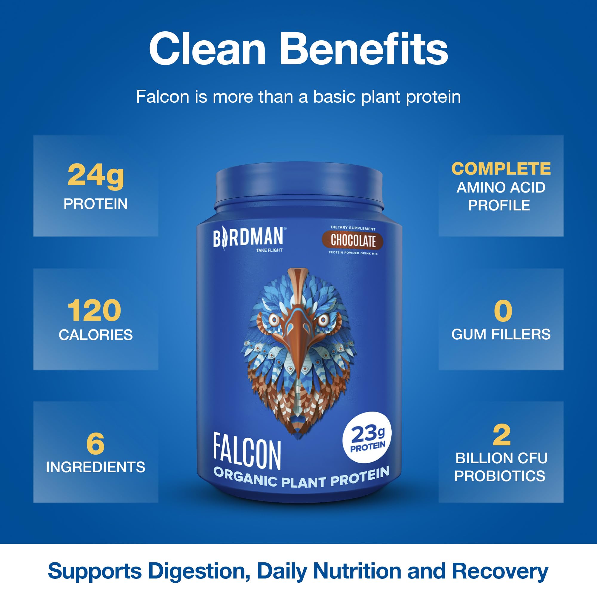 BIRDMAN Falcon shake ready image showing dairy-free protein option.