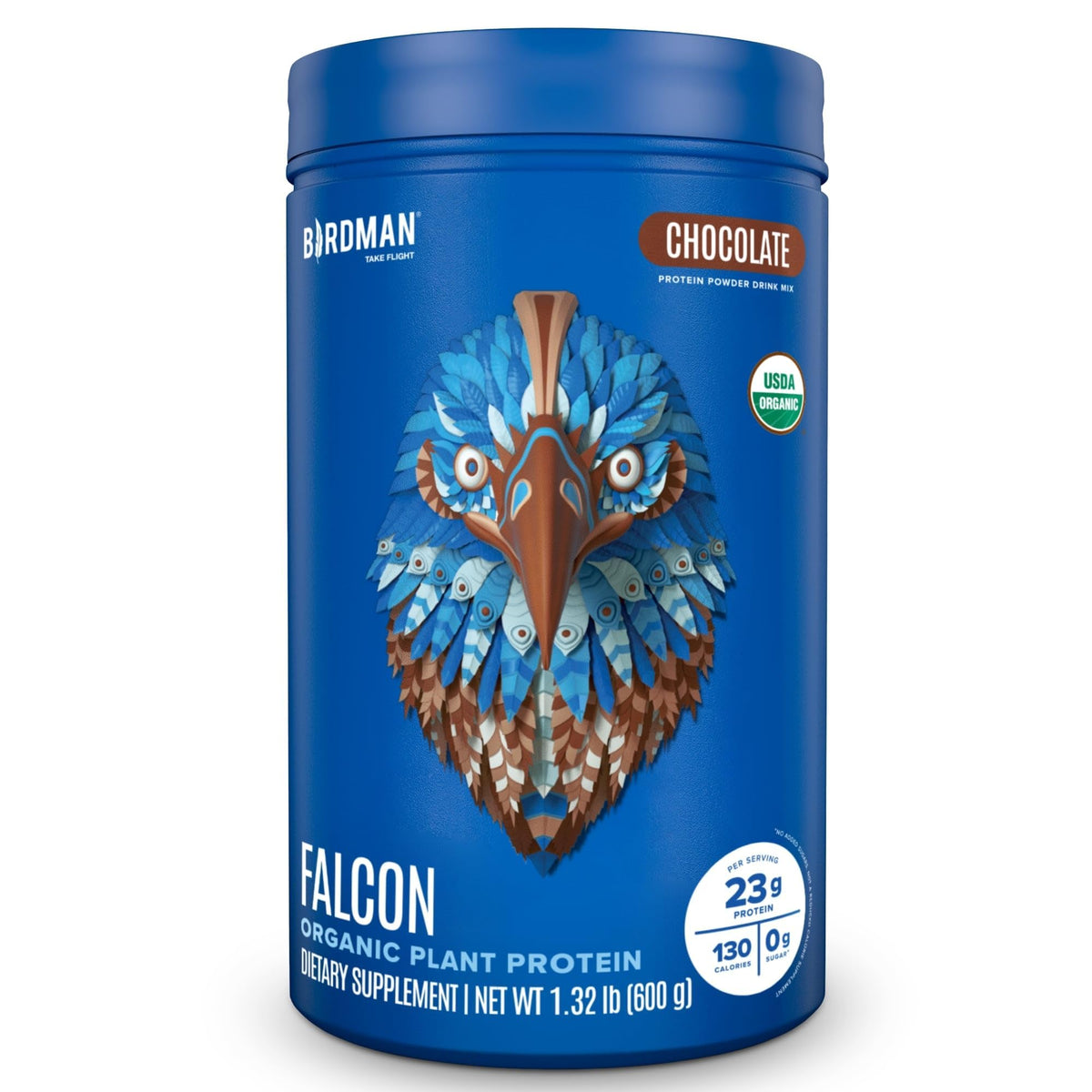 Birdman Falcon vegan chocolate protein powder bottle for a high-protein shake