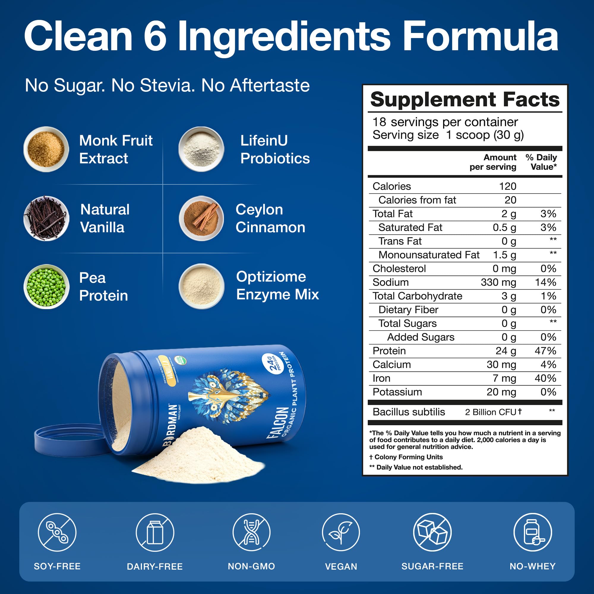 Falcon protein powder packaging highlighting dairy-free formula