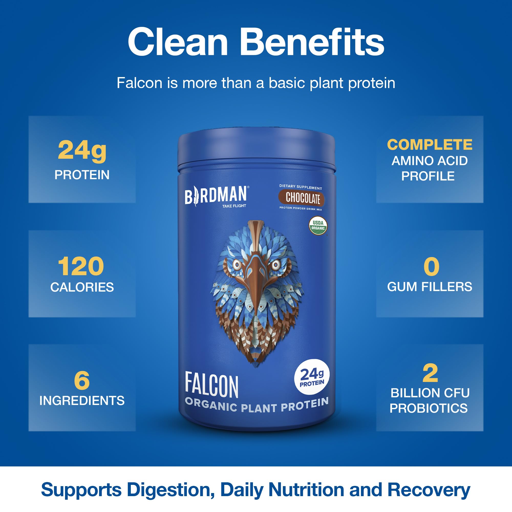 Close-up of Falcon protein powder with organic ingredient list