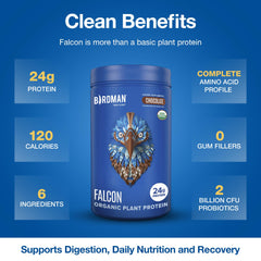Close-up of Falcon protein powder with organic ingredient list