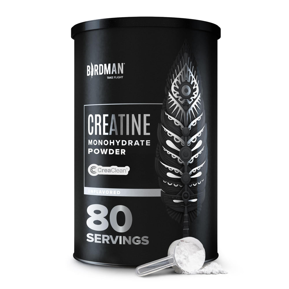 Birdman micronized creatine monohydrate powder jar for consistent training endurance.