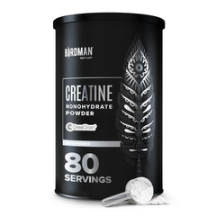 Birdman micronized creatine monohydrate powder jar for consistent training endurance.