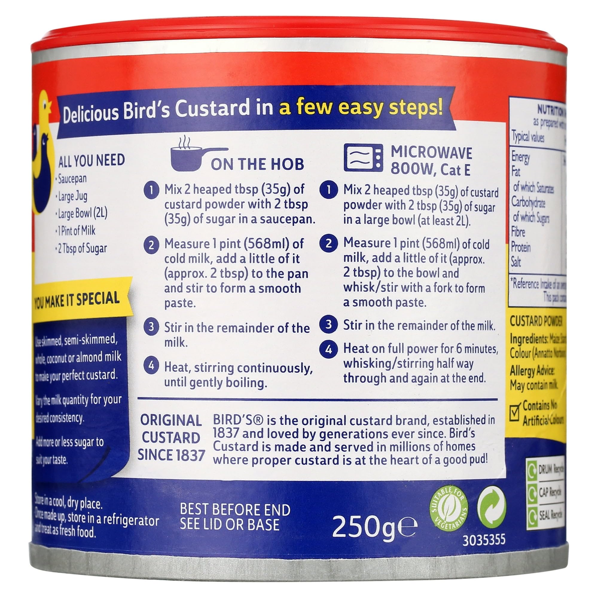 Bird's Custard Powder heating in the microwave for fast dessert prep.