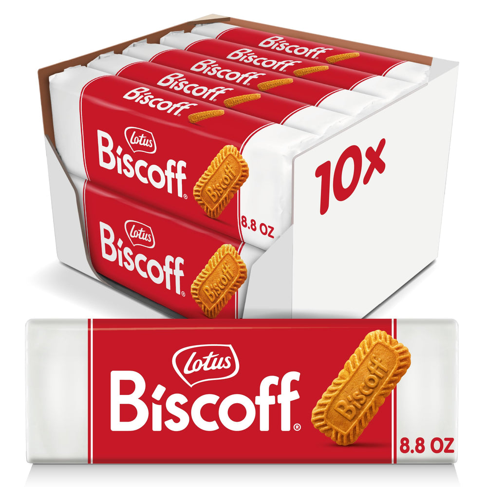 Lotus Biscoff caramelized biscuits pack of 10 beside coffee for a gourmet pairing