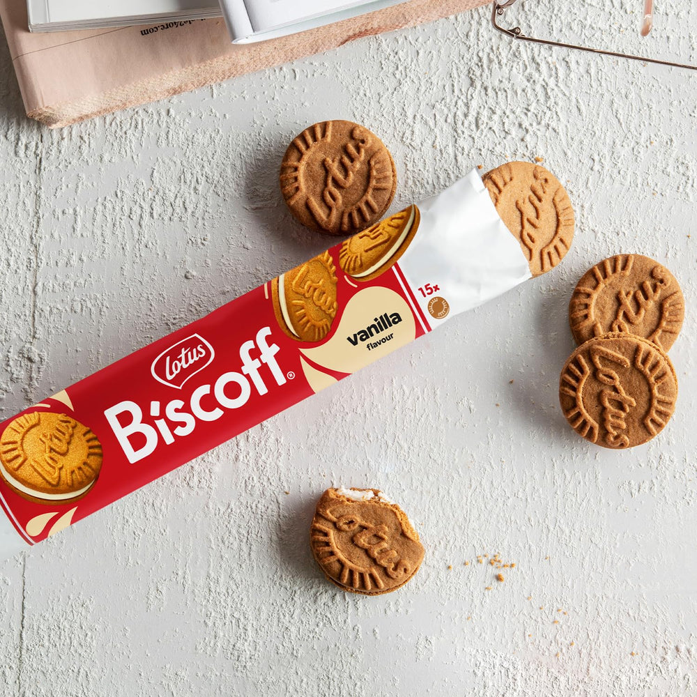 Biscoff Lotus Vanilla Sandwich Cookies with coffee – perfect pairing.