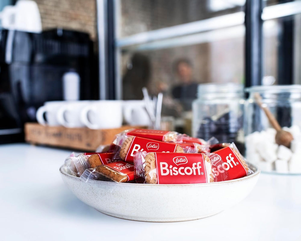 Biscoff cookies on pantry shelf, perfect office snacks.