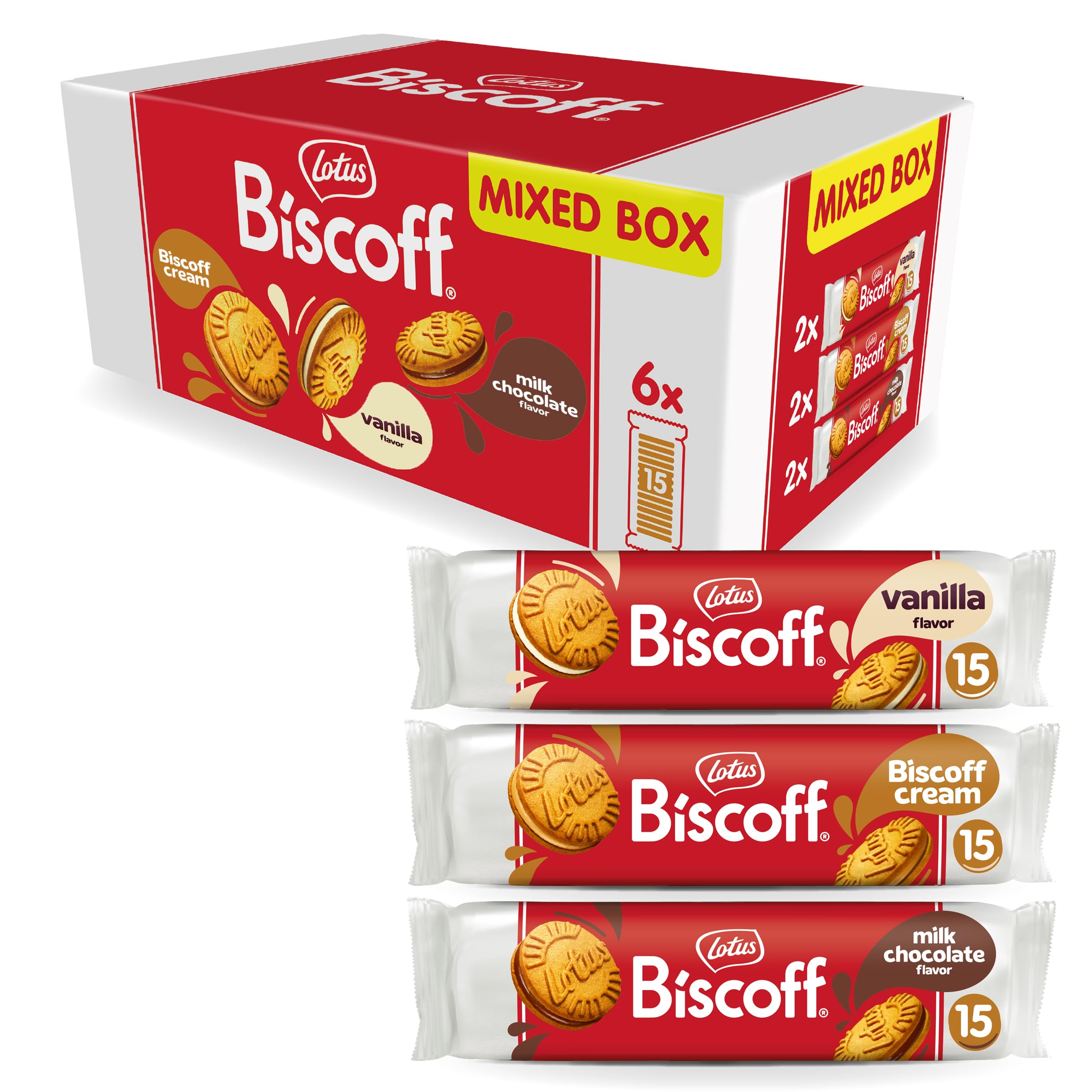 Biscoff sandwich cookies variety pack, six-roll display for sharing.