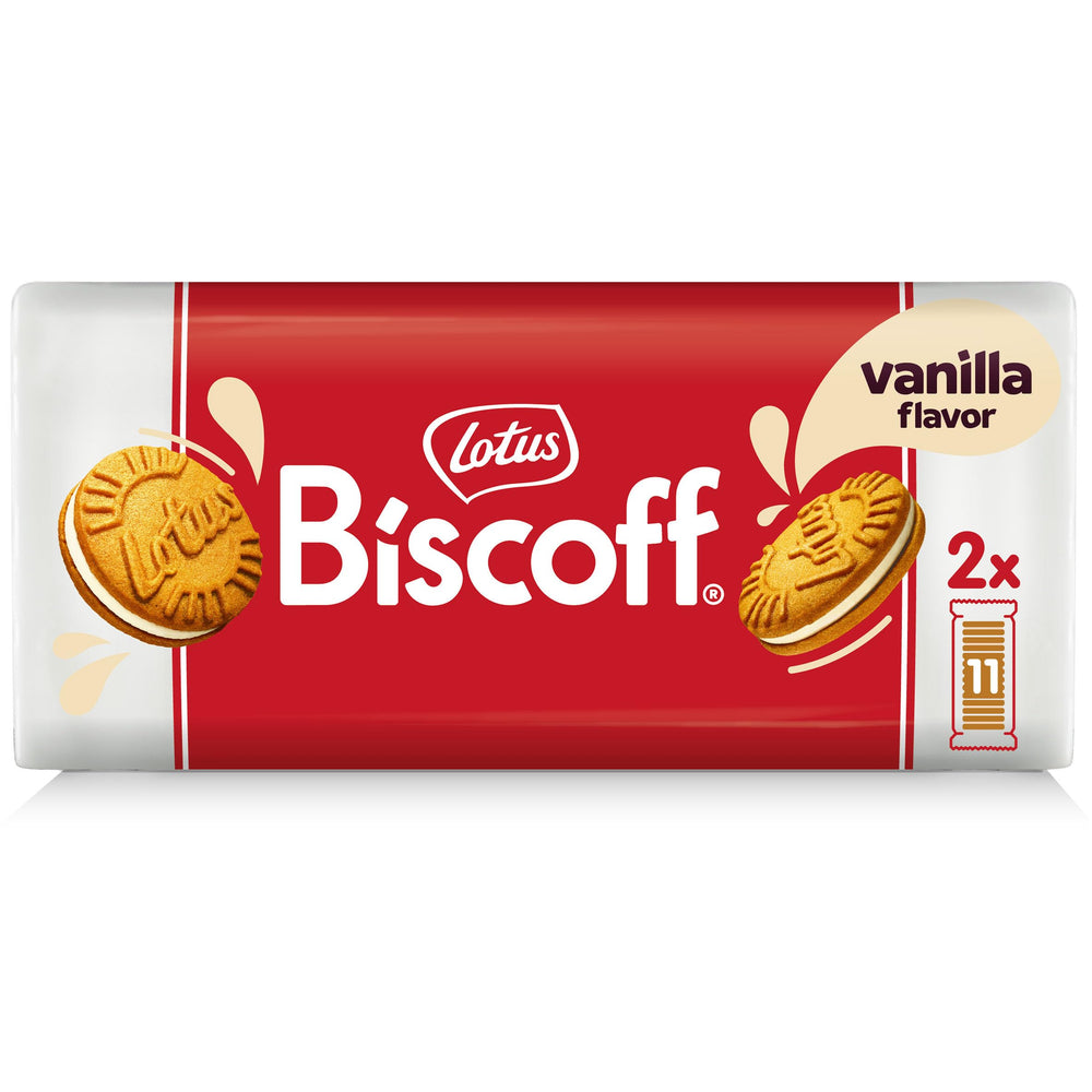 Biscoff vanilla sandwich cookies front view showing crisp texture for quick snacks