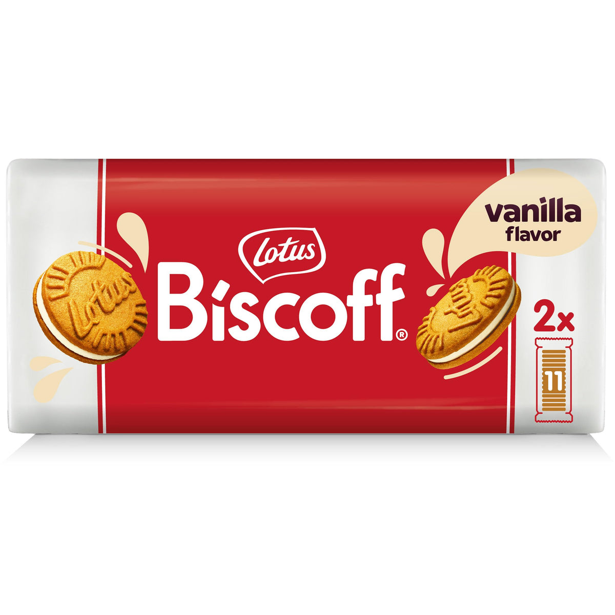 Biscoff vanilla sandwich cookies front view showing crisp texture for quick snacks