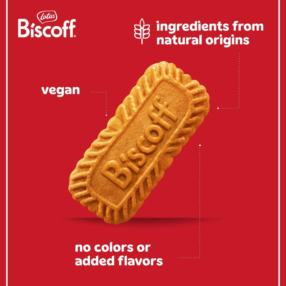 Biscoff cookies with vegan and non-GMO ingredients highlighted