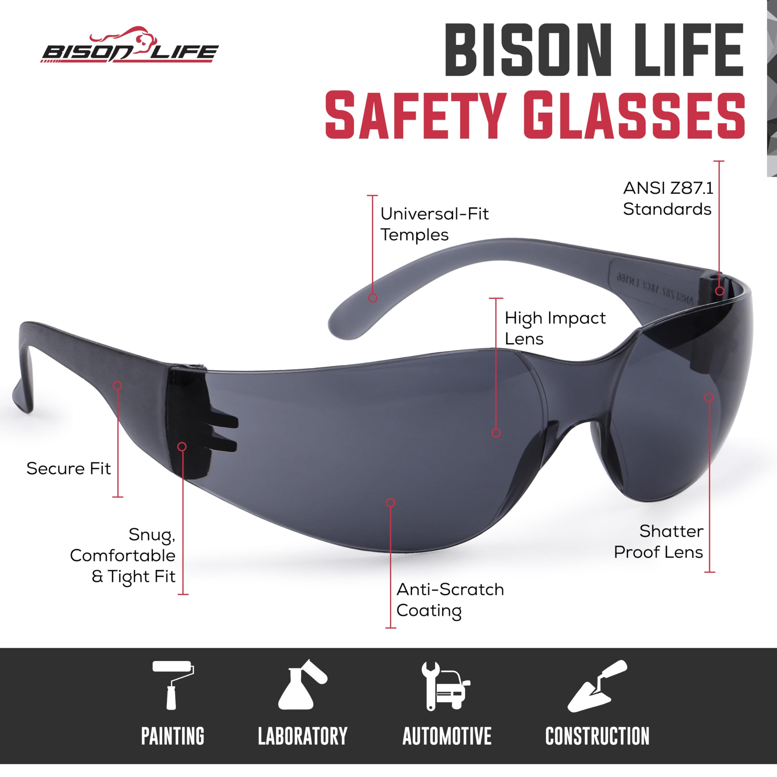 BISON LIFE safety glasses with anti-scratch coating protect eyes during projects.