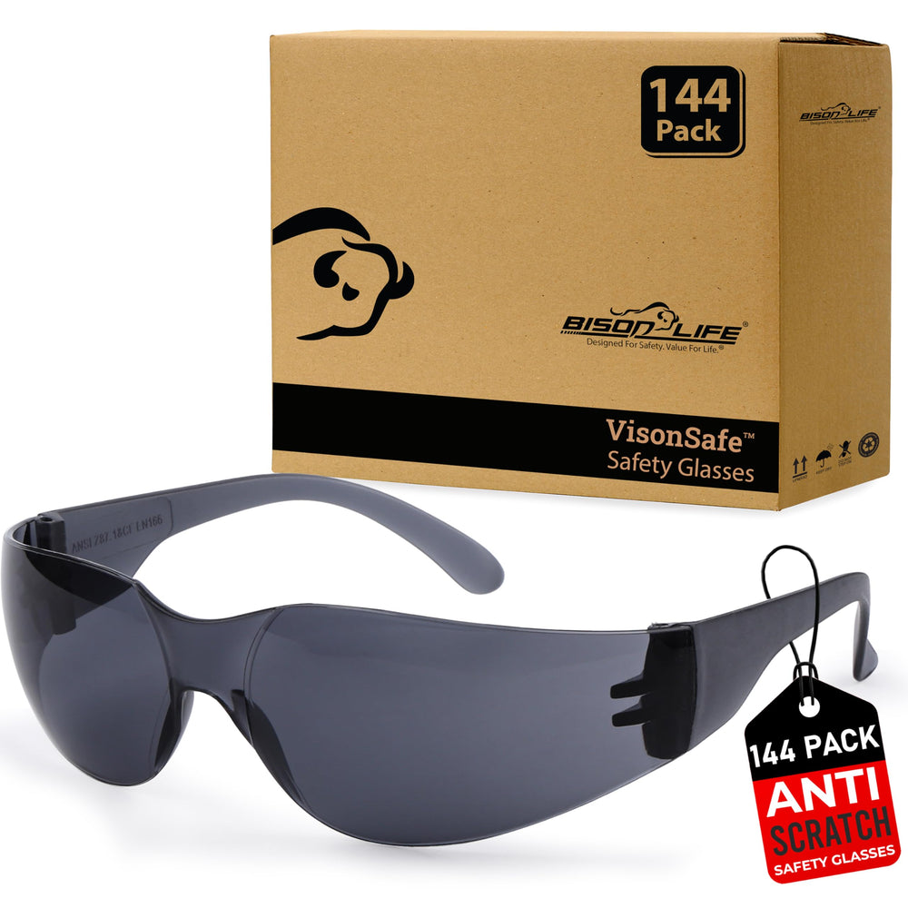 BISON LIFE Black safety glasses pack of 12 with full coverage for daily use.