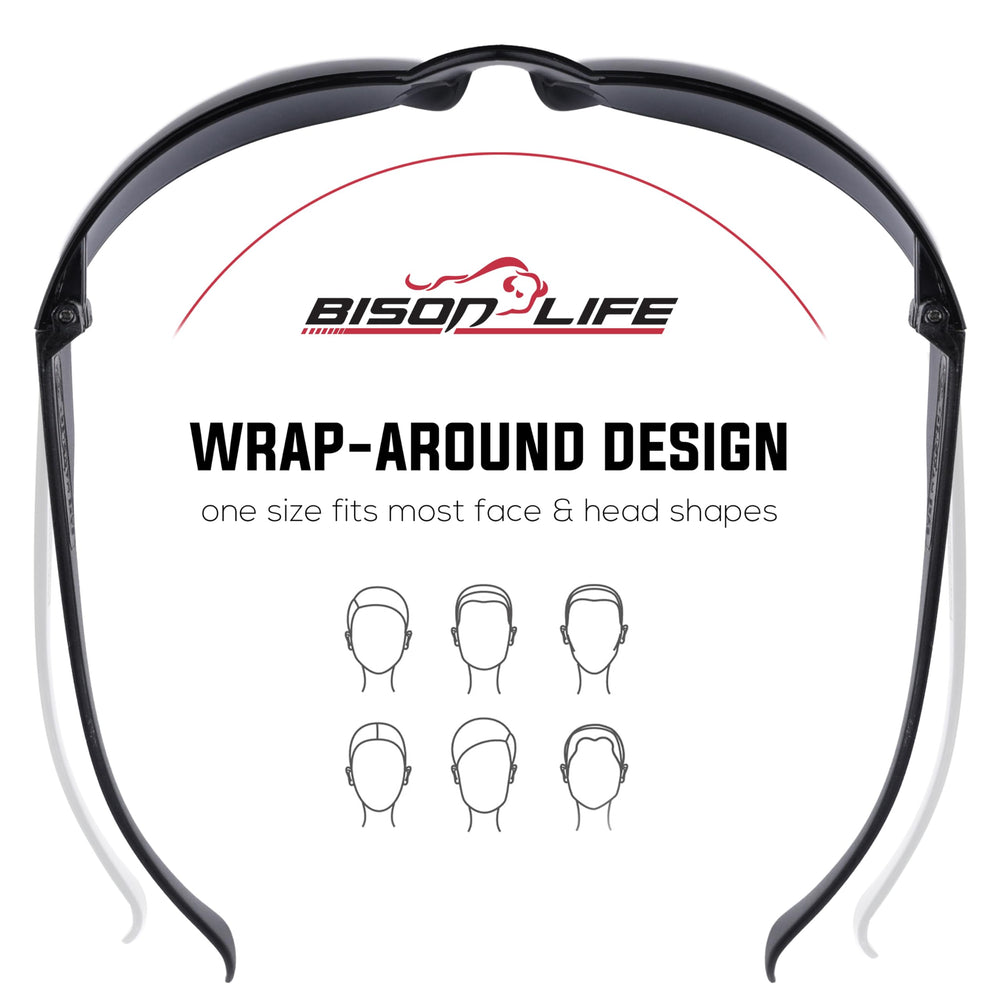 BISON LIFE color-lens safety glasses with blue-yellow-gray-black options.
