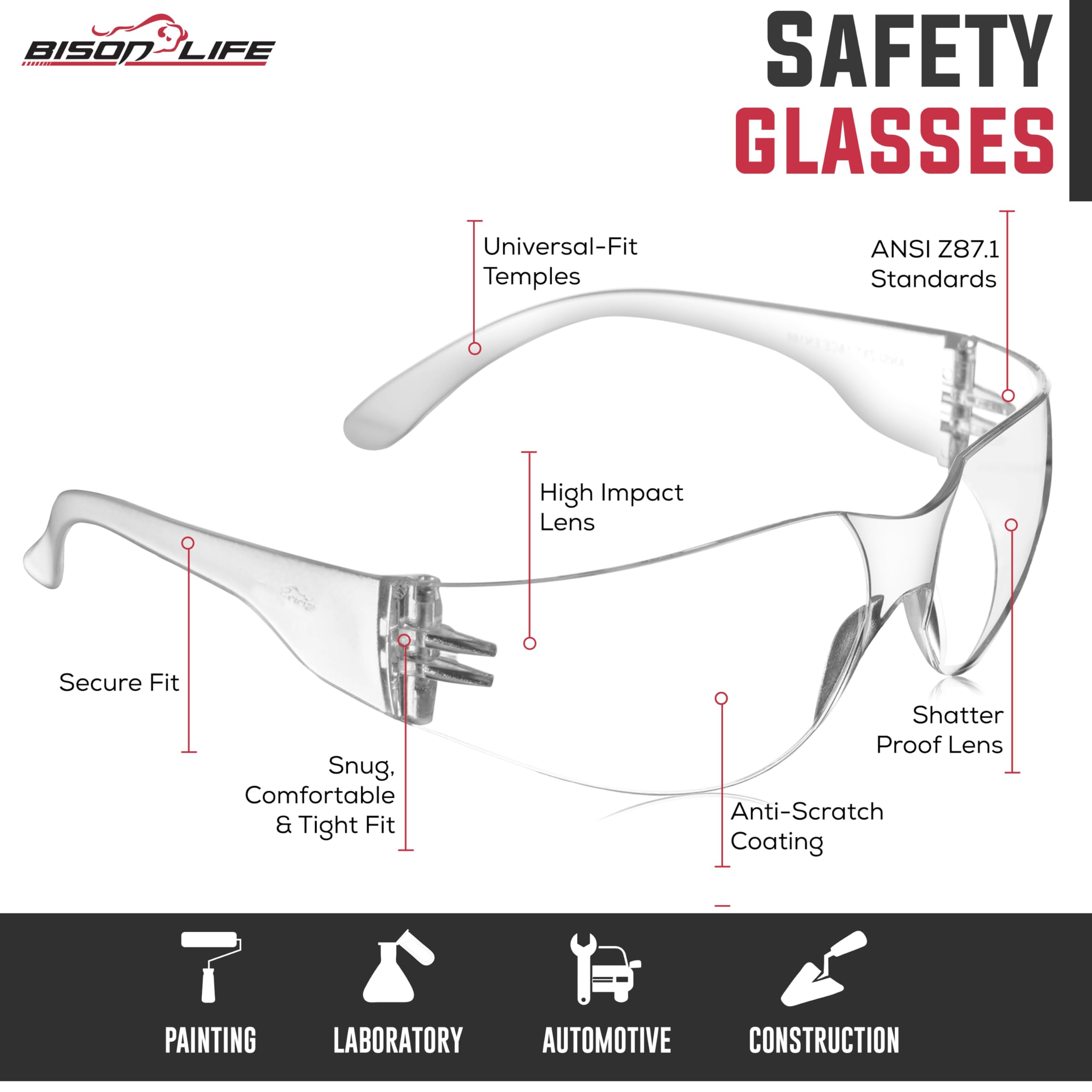 BISON LIFE safety glasses with side shields for added eye protection