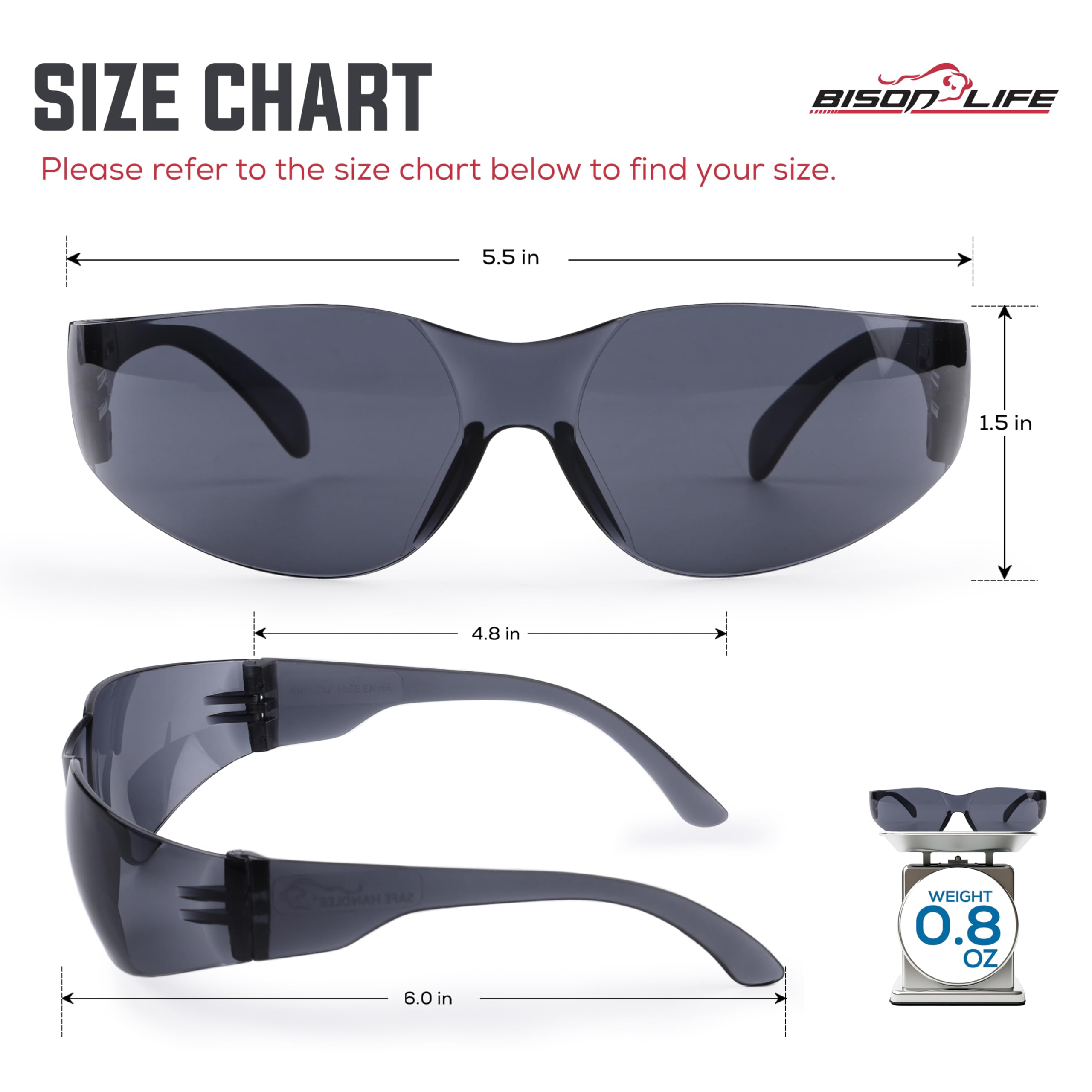 BISON LIFE side shields reduce debris exposure for greater eye safety.