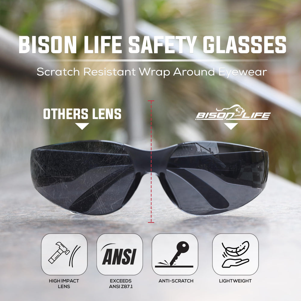 BISON LIFE wrap-around safety glasses provide enhanced side protection.
