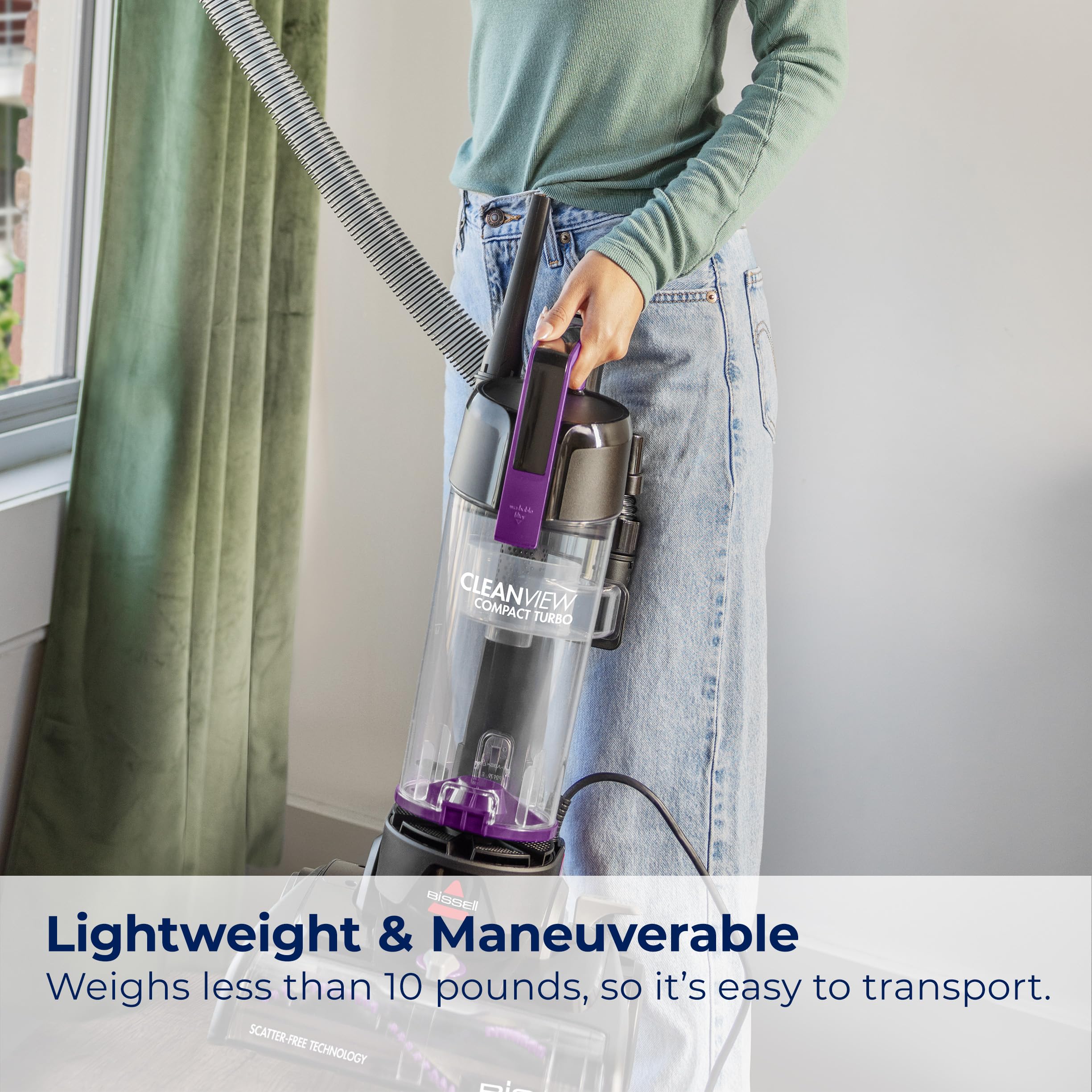 Bissell CleanView Compact Turbo features quick-release wand for above-floor cleaning.