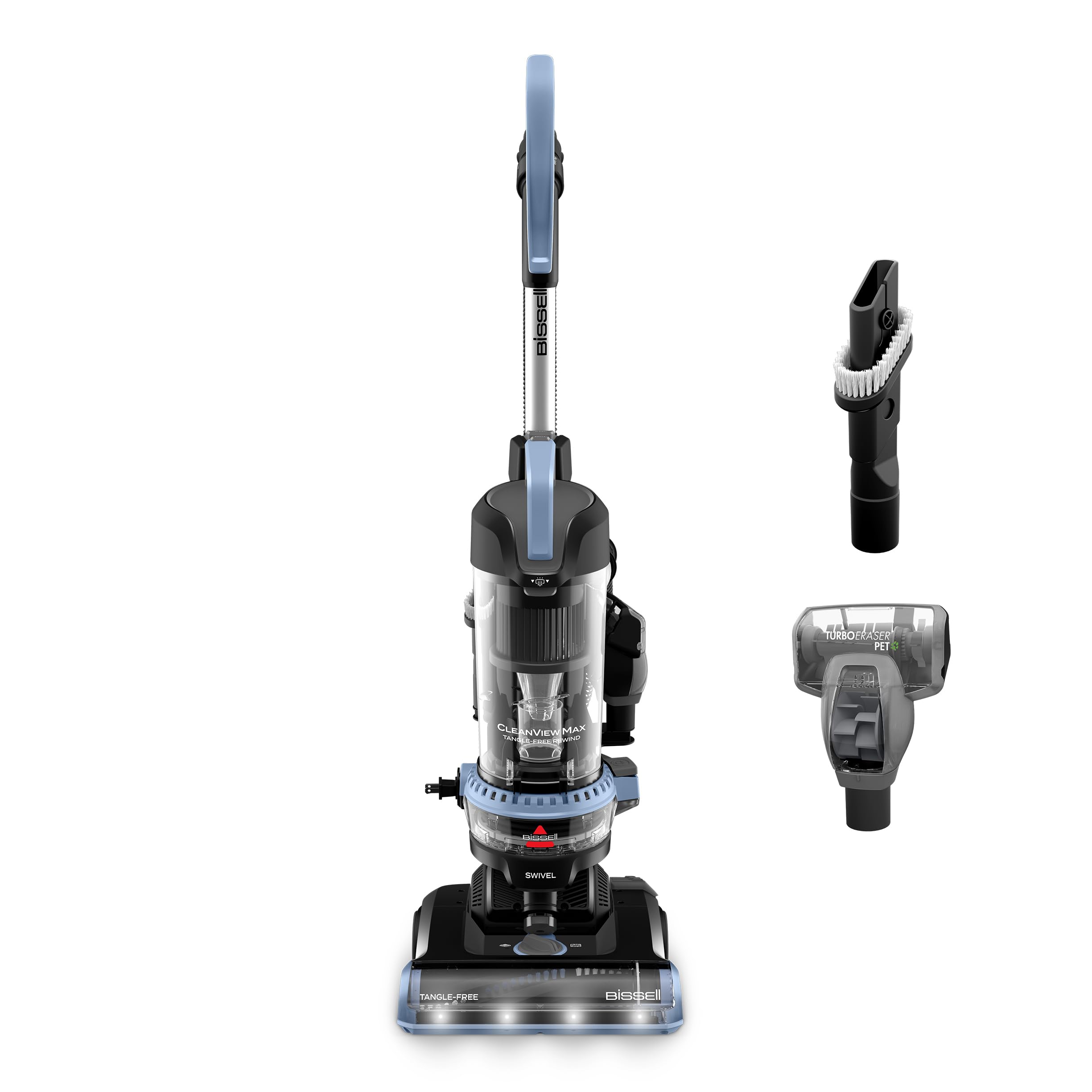 Bissell CleanView Max with LED headlights illuminating debris for pet hair cleanup